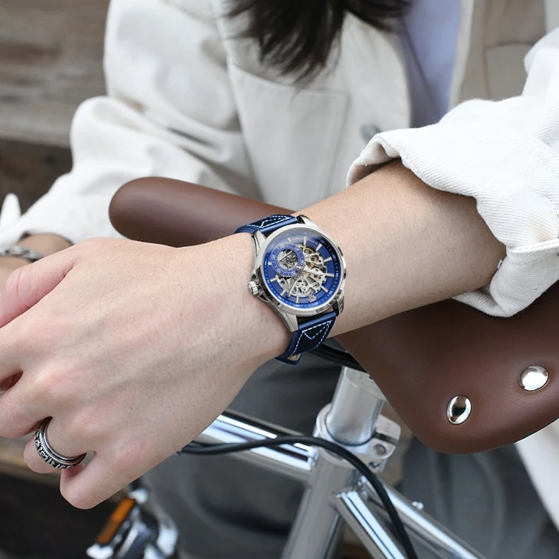 ساعة مارك فيرويل ميكانيكية هيكل عظمي للرجال بحزام جلدي أنيق مقاوم للماء توربيون أوتوماتيكي مضيء