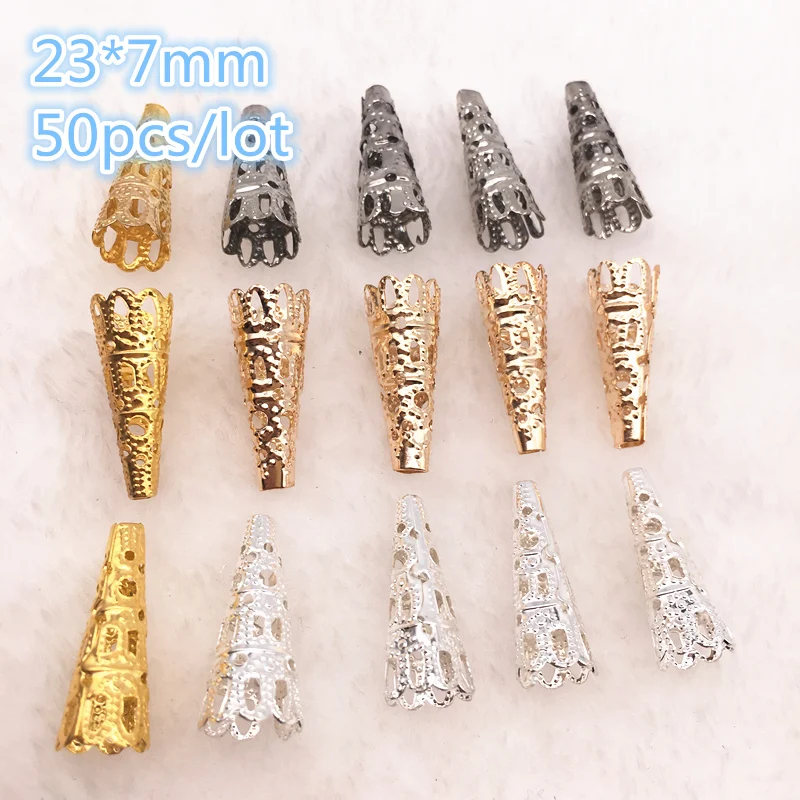 50pcs / lot 23 x7mm Alloy Caps Bead Hollow Out Flower Bugle Filigree Bead End Cap Cone Jewelry Making Components finder