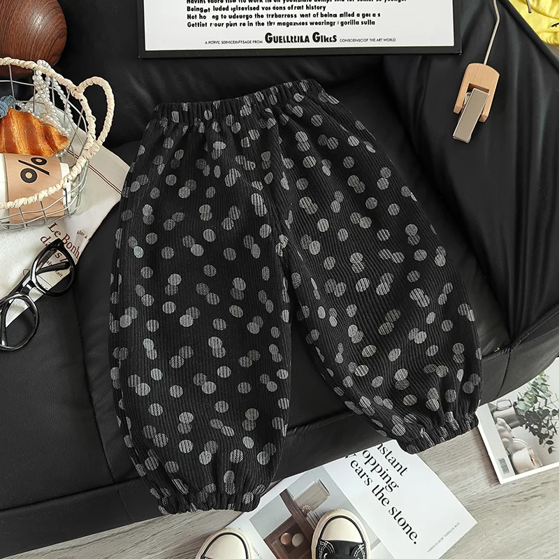 2026 Fall Winter 1-7Y Kids Corduroy Pants Leopard Dot Fleece Lined Thick Warm Loose Cuff Joggers Boys Girls Casual Baby Trousers