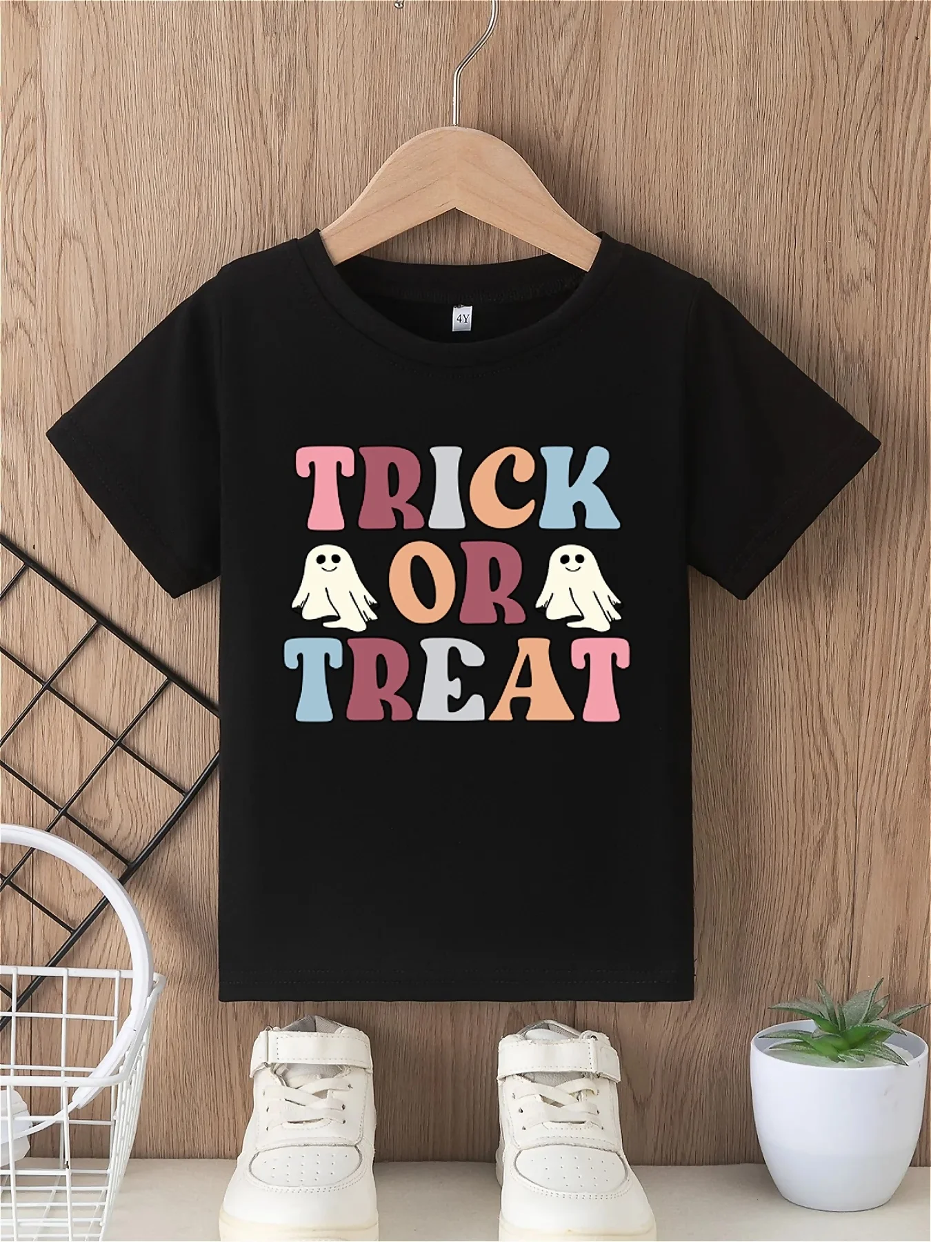 Halloween boys' T-shirt trick or treat letter print little ghost pattern print trendy casual round neck short sleeved top
