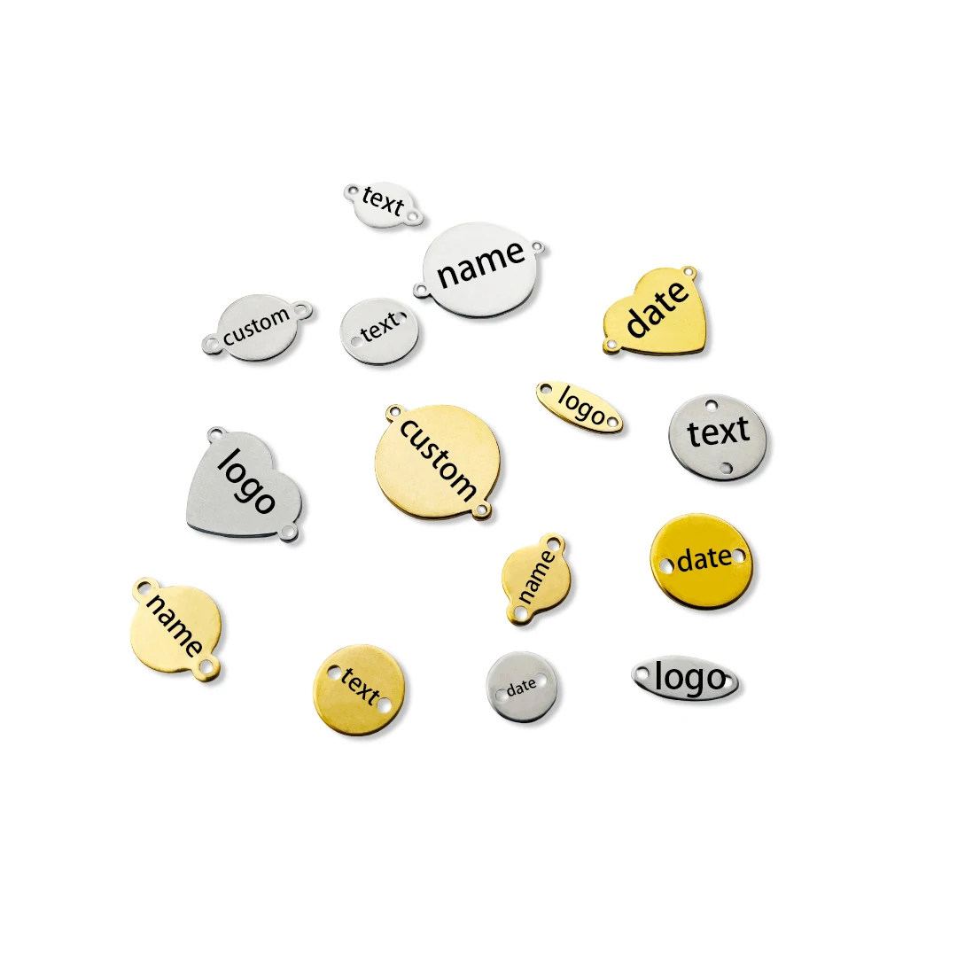 

20/50pcs Custom Logo Laser Engraved 2 holes Round Charms 8mm 10mm 12mm 15mm Stainless Steel Oval Tags Heart Charms Connectors