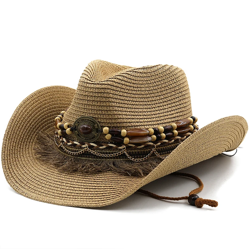 New Shell Tassels cowboy Straw Hats Summer Cooling Beach Sun Hat for Women Men Trendy Woven Breathable Sun Protection Jazz Hat