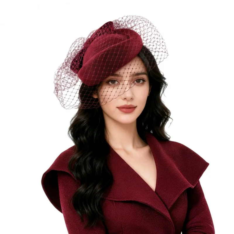 Autumn Winter British Retro Mesh Wool Beret Hat for Women Socialite Party Stage Celebrity Flight Attendant Stewardess Hats