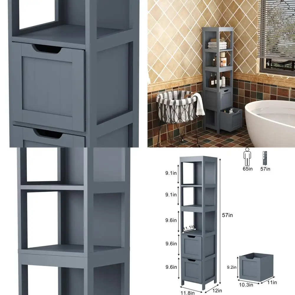 

Grey Tall Slim Wooden Cabinet with 2 Drawers & 3 Shelves for Bathroom Storage