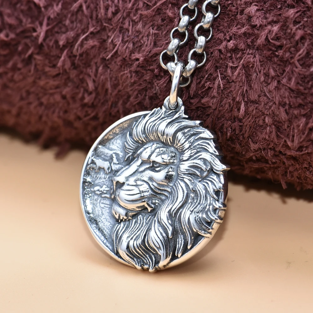 BOCAI New S925 Pure Silver Retro Hip Hop Round Label Lion Head Pendant Men's Featured Gift Counter