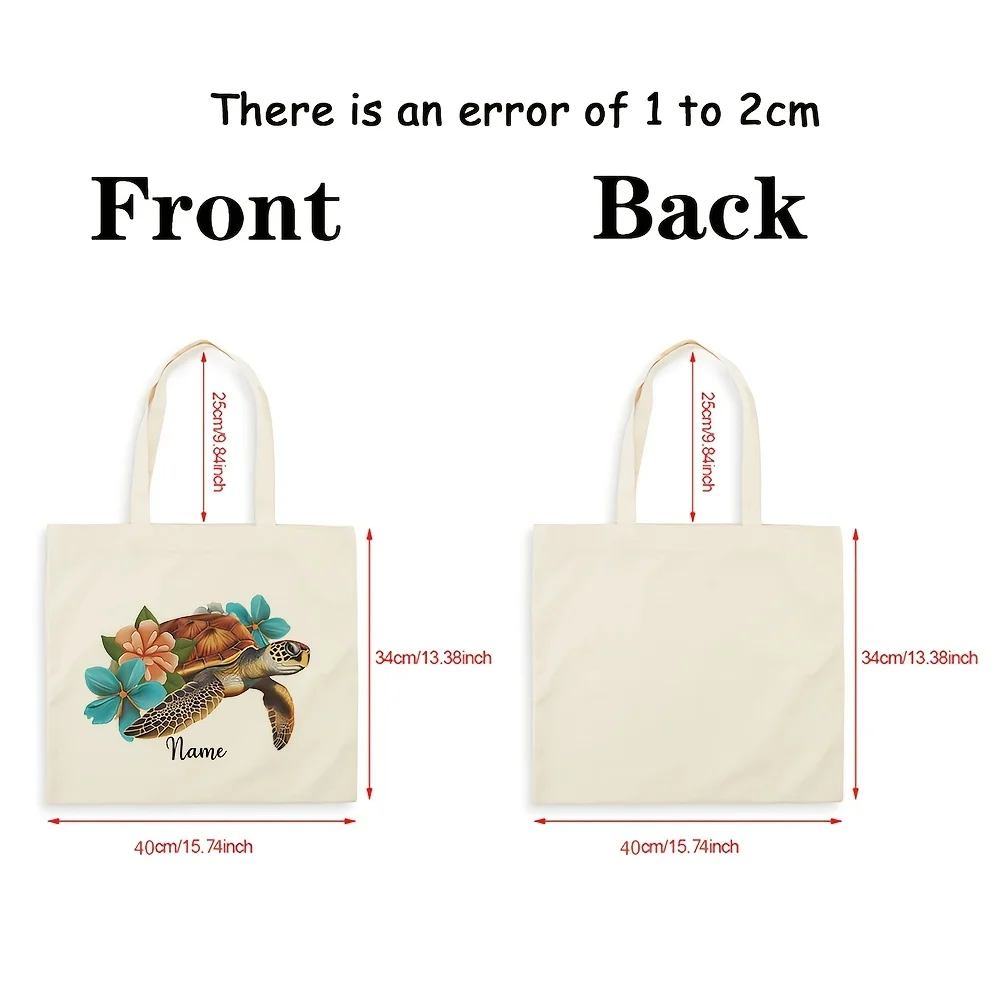 Personalized Floral Sea Turtle Canvas Tote Bag Custom Name Tropical Flower Print Shoulder Bag Casual Daily Shopping Gift