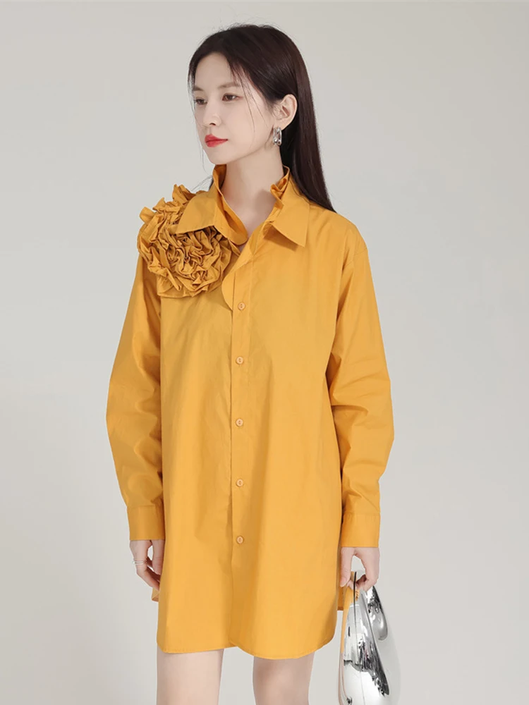 [EAM] Women Blue Three-dimensional Flower Big Size Blouse New Lapel Long Sleeve Shirt Fashion Tide Spring Autumn 2024 1DH6754