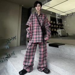 LUZHEN Stylish Detachable Sleeve Design Plaid Printed Two-piece Sets 2024 New Trendy Loose Straight Pants Men's Shirts LZ2424