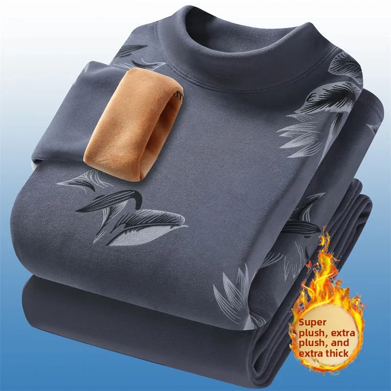 남성용 보온 내의 플리스 두꺼운 세트 겨울 중간 높이 목 독일산 플리스 청소년용 롱존스 바텀 코튼 스웨터