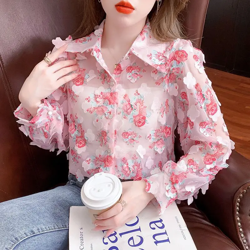 Fashion Broken Flowers Printed Blouse Female Clothing Sweet Floral Patch Designs Spring Autumn Commute Single-breasted Shirt New