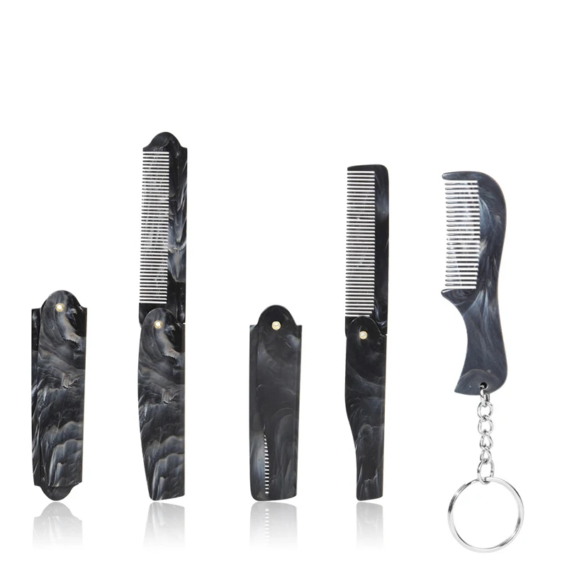 Marble Pattern Plastic Foldable Beard Mustache Comb Fine Tooth Folding Hair Comb Travel Portable Mini Beard Comb With Key Chain