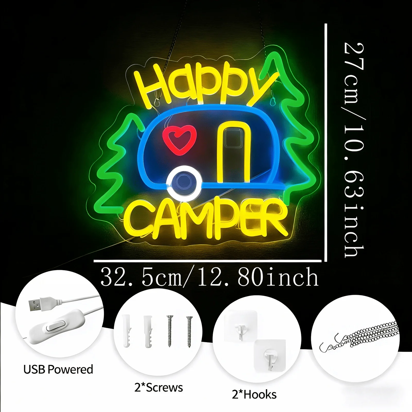 Happy Camper Neon Sign, Colorful LED Neon Light with RV & Pine Tree Design, Wall Decor for Camping, RV, Cabin & Home