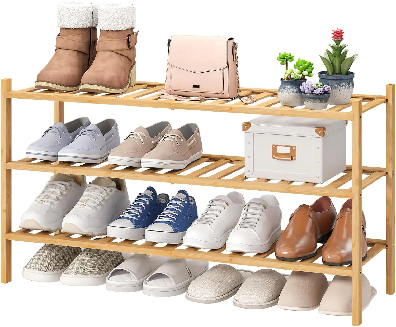 

3-Tier Long Shoe Rack, Bamboo Wood Shoe Rack for Closet, Entryway & Hallway, Stackable | Beautiful | Functional | Sturdy