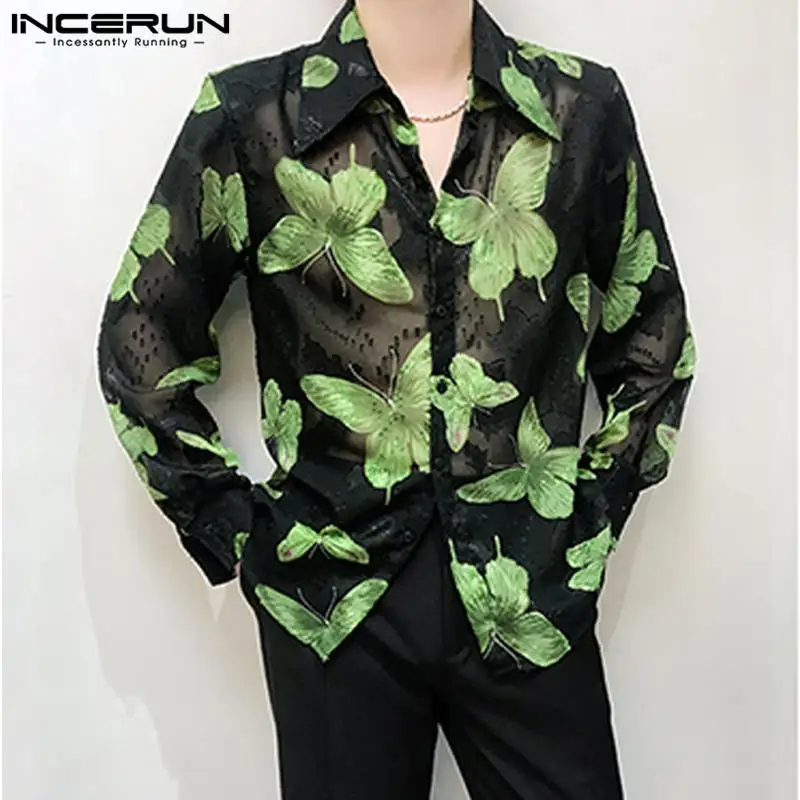 Incerun Heren Shirt Bedrukt Transparante Revers Lange Mouw Losse Heren Kleding Streetwear 2024 Sexy Mode Casual Shirts S-5XL