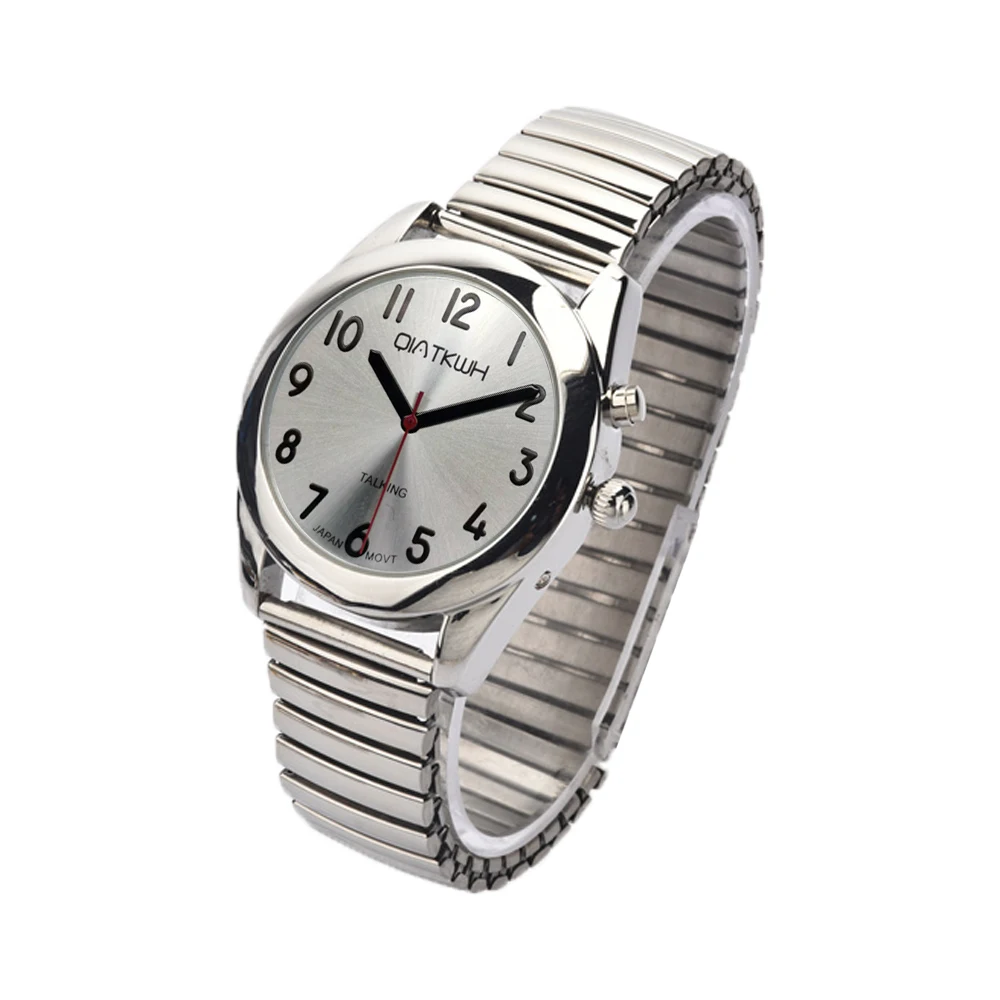 QIATKWH Russian talking watch,Silver case, black leather strap/silver stainless steel telescopic strap