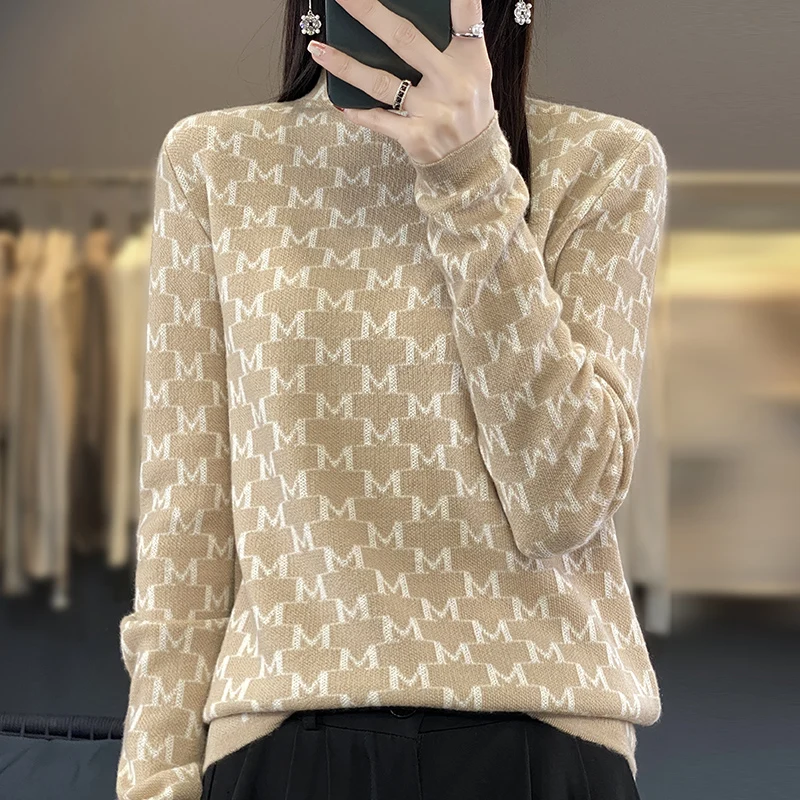 

Autumn Winter 100% Pure Wool Soft Thickening Sweater Women Half-high Collar Jacquard Pullover Basis Casual Cashmere Knit Top