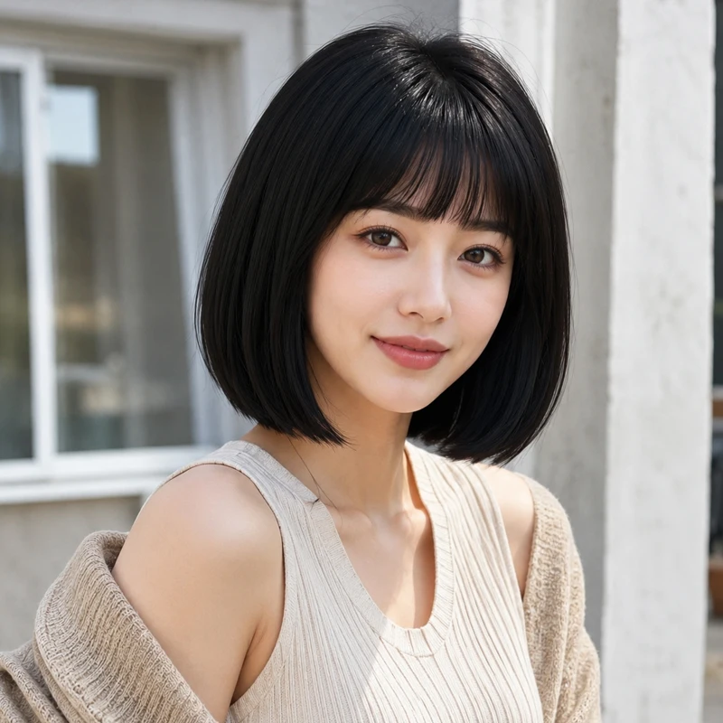 Women's 12-inch black synthetic wig, stylish, elegant, versatile, and practical, suitable for everyday wear.