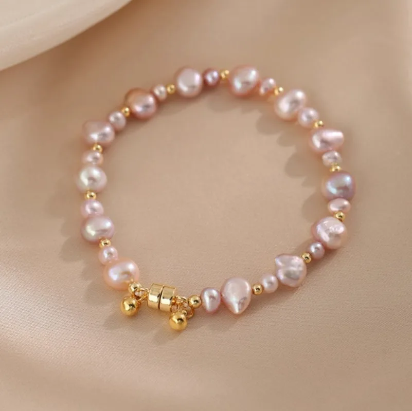 

Minar Classic Pink Purple Color Baroque Freshwater Pearl Beads Magnet Strand Bracelets for Women 14K Real Gold Plated Copper