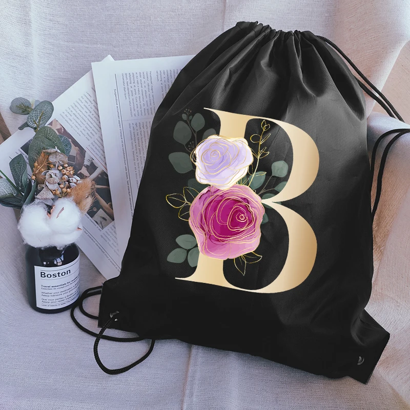 Drawstring Bag Gym Bag Rose Flower Letter Printing Outdoor Travel Shoes Storage Bag Thickened Portable Sports Bag Shoe Bag Girls