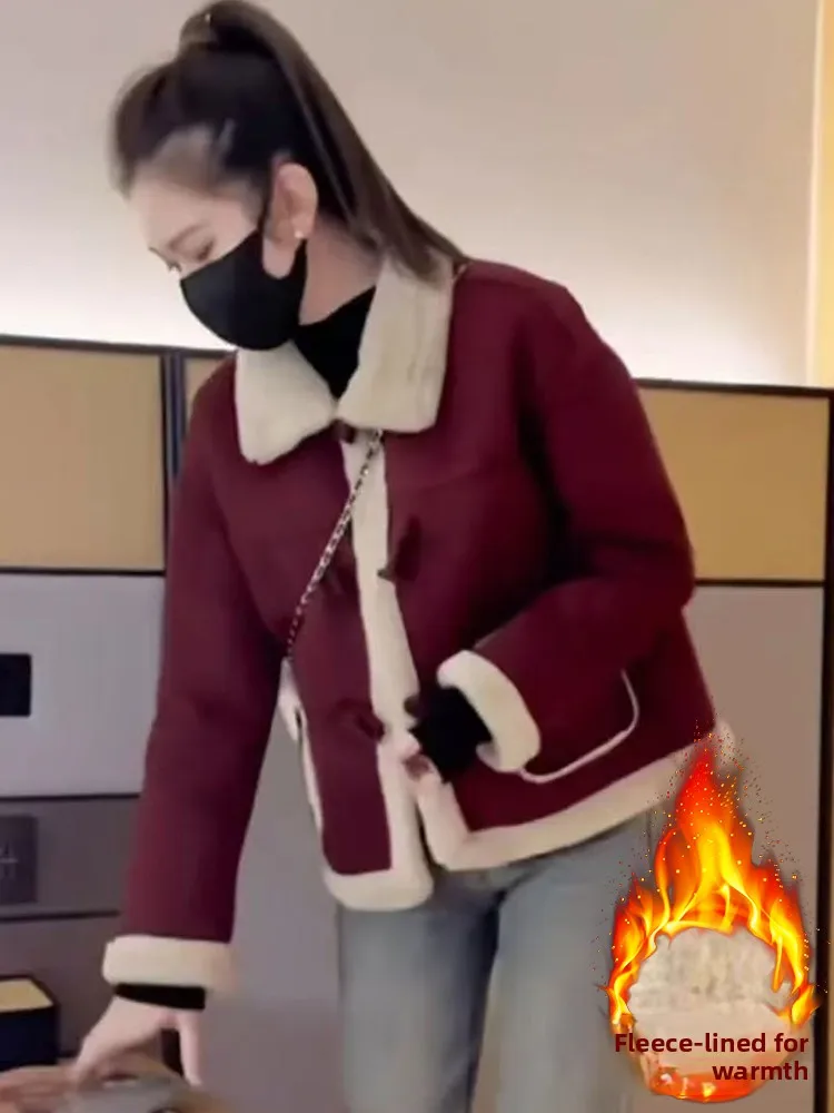 معطف فرو الخروف ort للنساء Thiened Fce خريف شتاء جديد Faion حجم صغير تخفيف Sle دافئ طويل Sve زر حتى