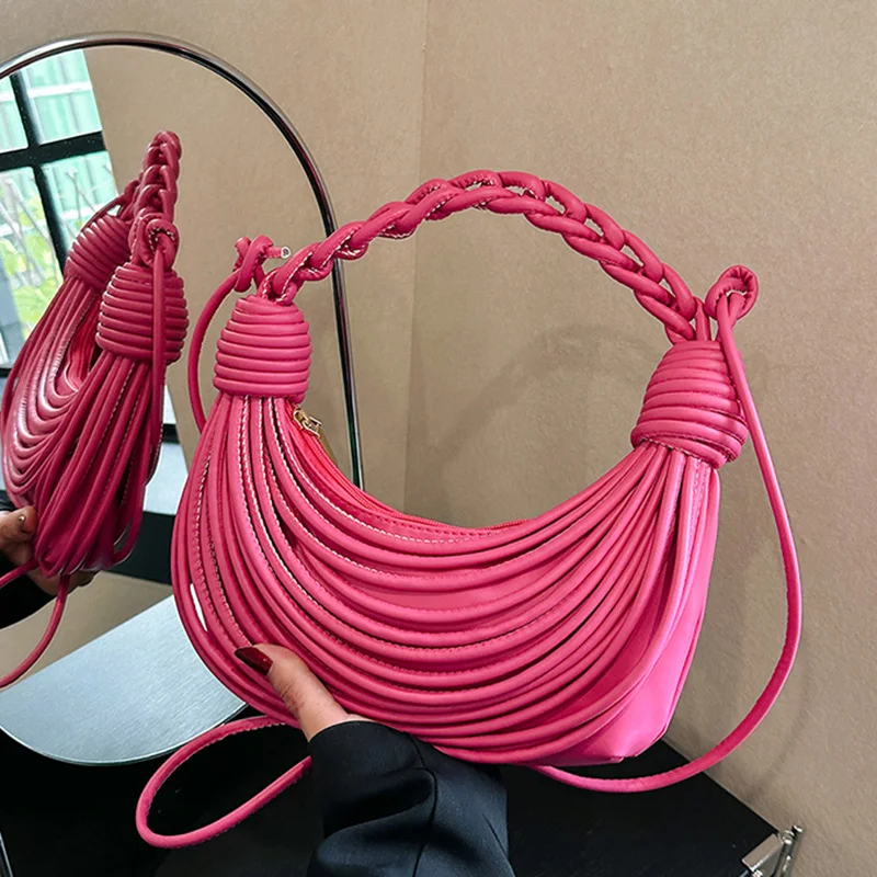 Luxury Women Handwoven Noodle Handbags Rope Knotted Pulled Hobo Half-Moon Bag Designer Brand Colors Shoulder Bags Evening Clutch