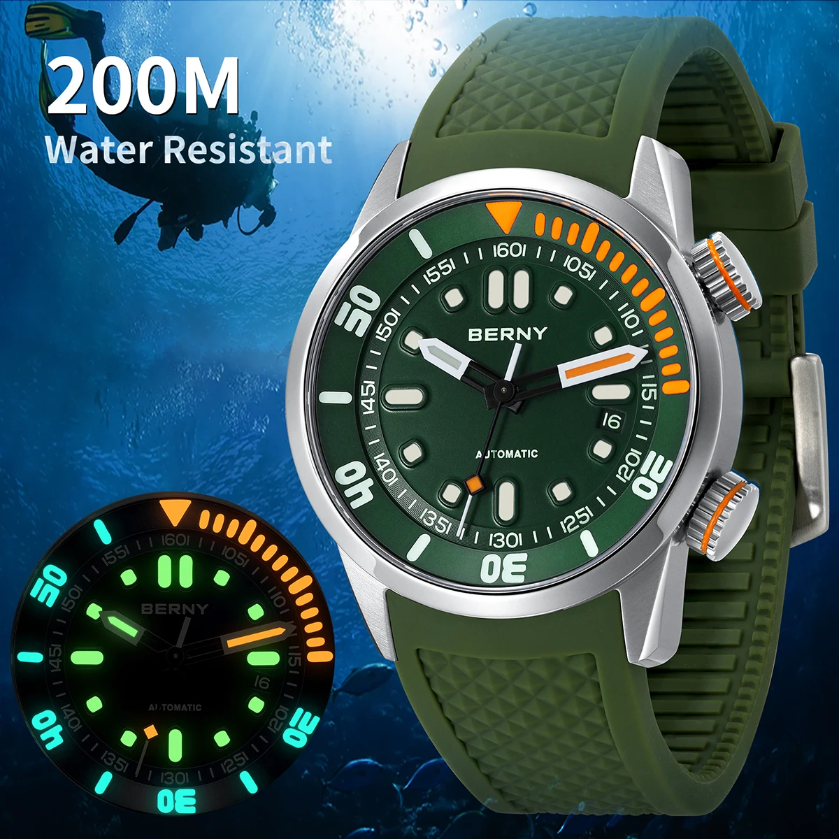 

BERNY 20Bar Diver Men Mechanical Watch Miyota 8215 Super Luminous Sapphire Swiming Automatic Self Wind Silicone Men Wristwatch