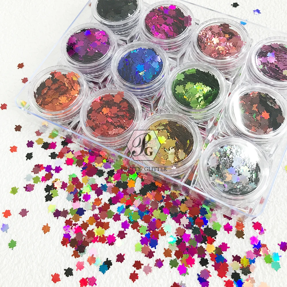 PrettyG 1 Set 12Color Box 4MM Maple Leaf Sequins Glitter Autumn Holographic Color Nail Glitter For Resin DIY Nail Art Decoration