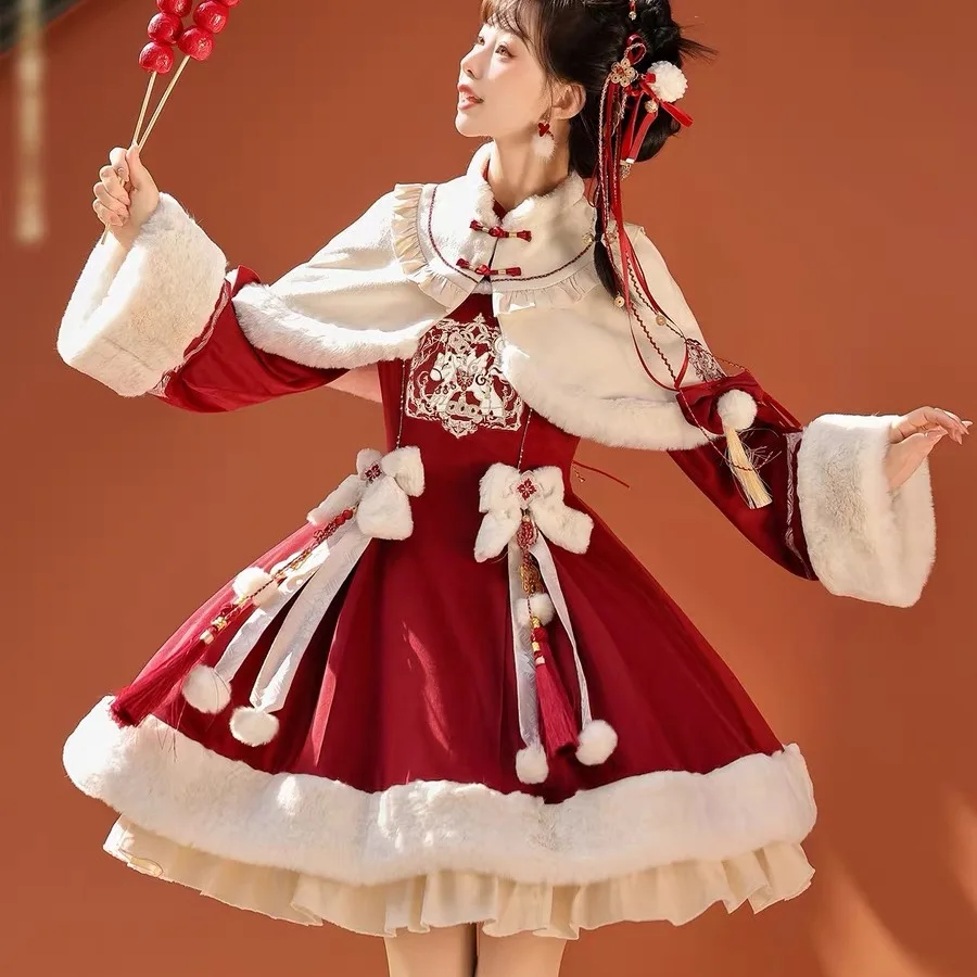 2026 neues Winter-Set im verdickten Mantel-Stil, niedliches Kit-Design, bezauberndes süßes Lolita-Neujahrskleid-Set für Damen
