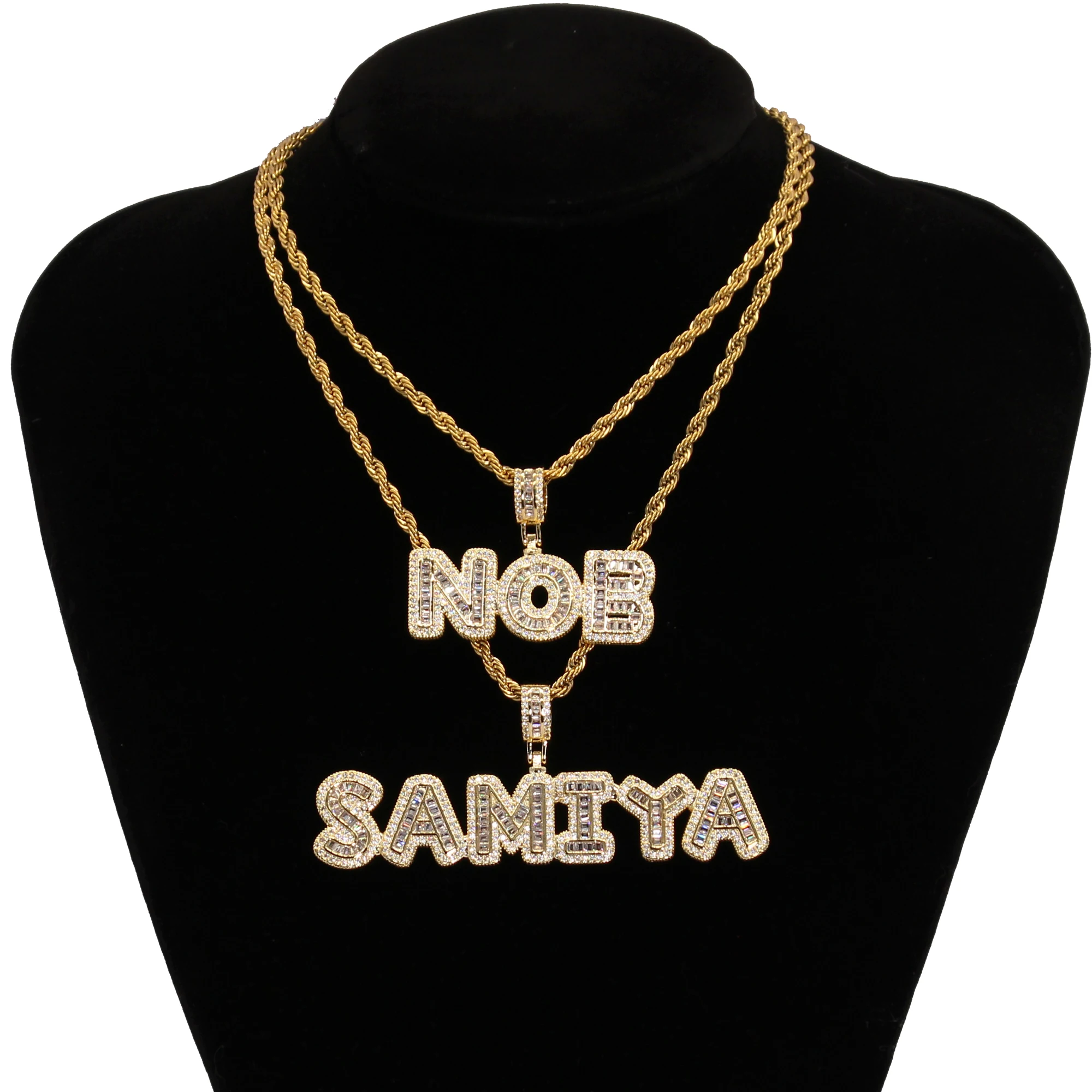 Personalised Icy Baguette Zircon Letters Pendant with Stainless Steel Rope Chain Men's Hip Hop Necklace Jewelry Gifts for Him