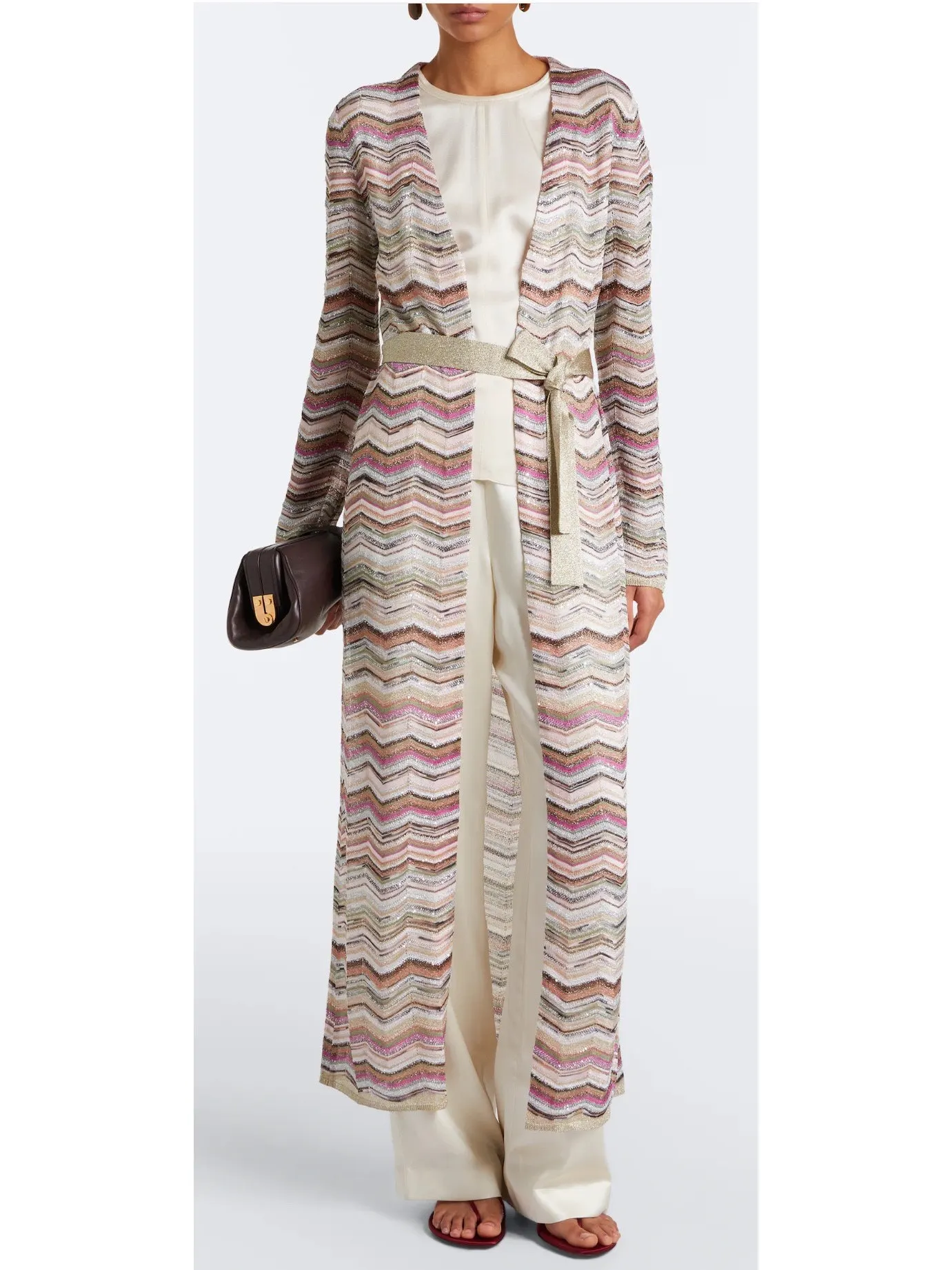 High-End Version Knitted Open Cardigan Long Skirt Set Wave Pattern Collar Hanging Neck European Style Elegant Color Block Belt