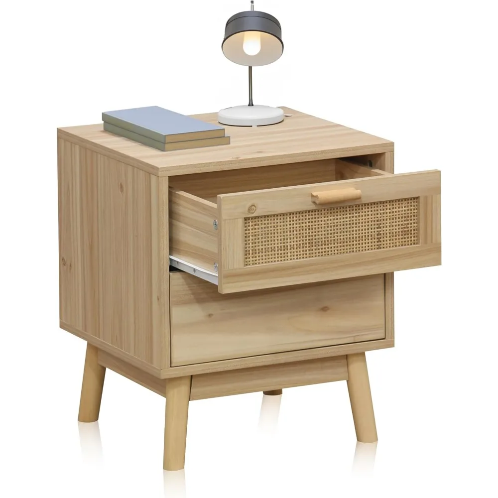 Mesilla Noche 2 Cajones، Estilo Natural Pino Y Ratan، Compacta 40x39x48 سم #1