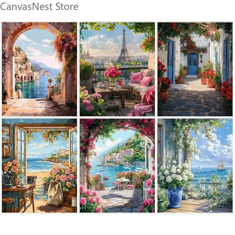 European Coastal Garden Town Canvas Wall Art Set Mediterranean Seaside Village Floral Arch Landscape Print Painting for Teen