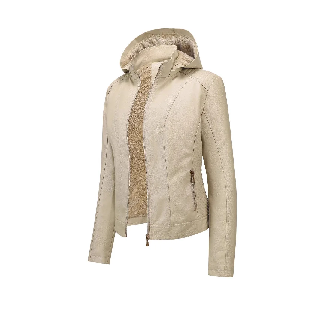 Women Hooded PU Lacket Fashion Slimming Fit Thickened Coat with Hat Autumn Winter Collection Zipper Style Leather Clothing