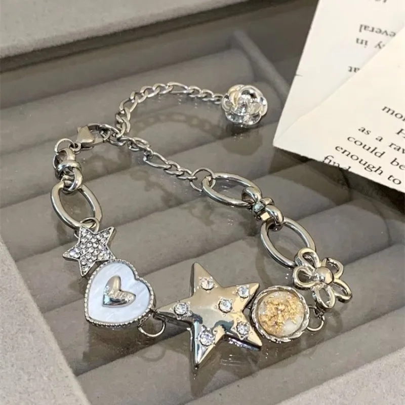 Y2K Retro Style Silvery Star Heart Button Chain Woman Bracelet Fashion Versatile Girls Exquisite Hand Jewelry Accessories Gift