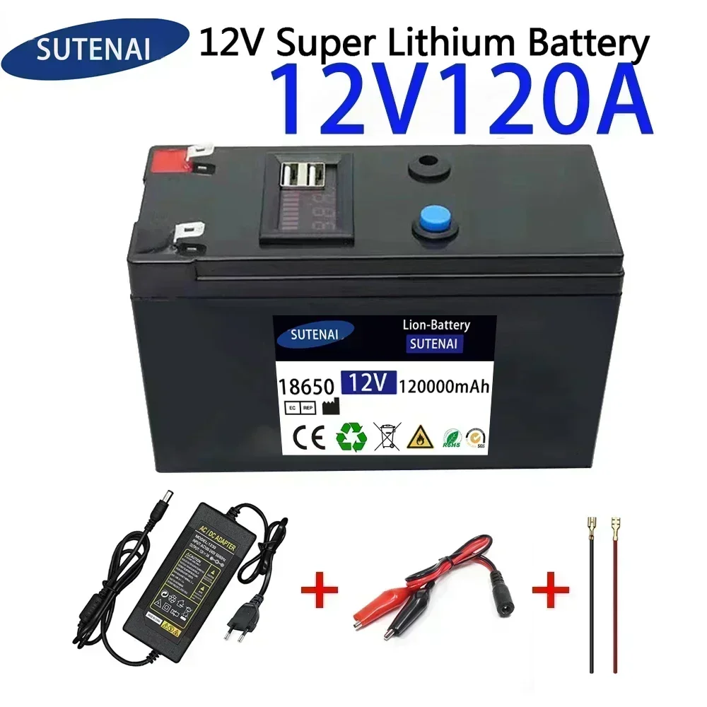 SU 12V Battery 120Ah 18650 lithium battery pack Rechargeable battery for solar energy electric vehicle battery+12.6v3A charger
