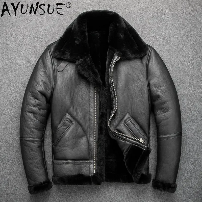 

Natural Fur Coats Men Original Sheepskin Fur Genuine Leather Jackets Mens Thick Flight Suit Motorcycle Top Man Winter Coat 2022