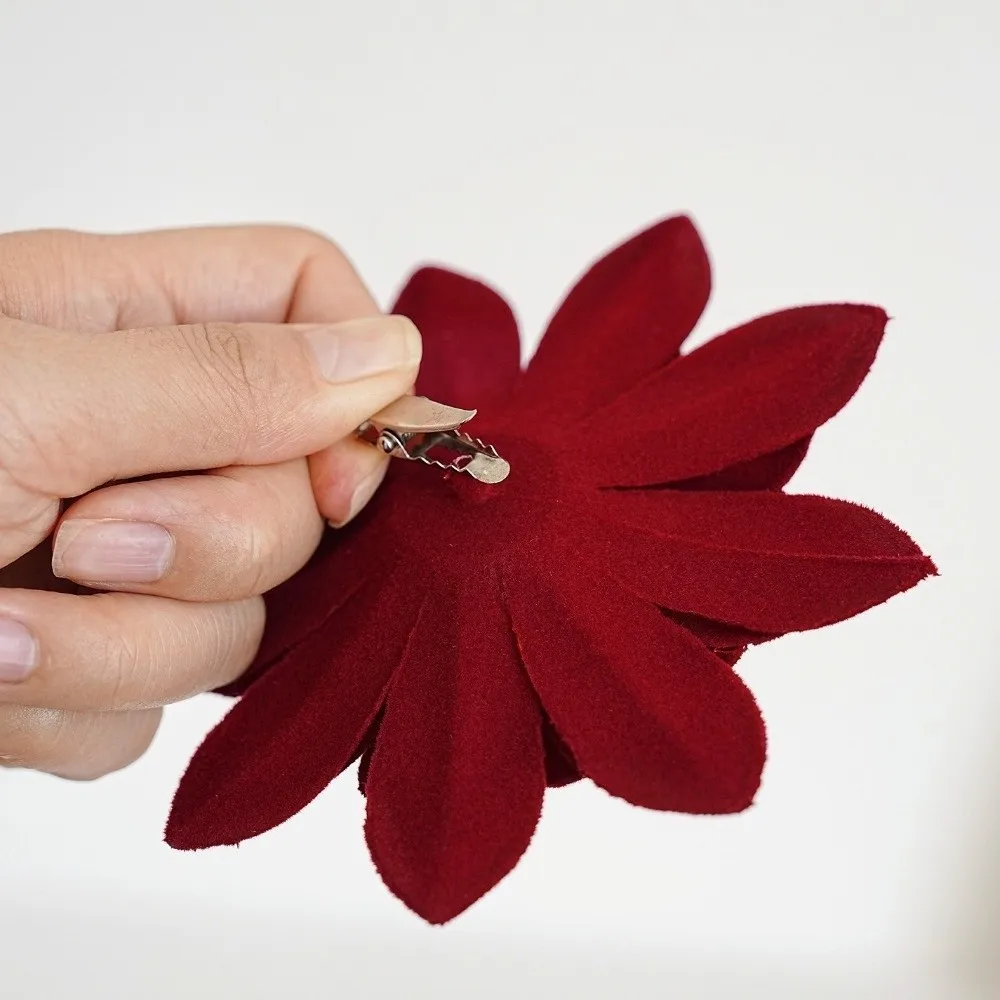 Vintage Artificial Christmas Poinsettia With Clip Realistic Flocked Flower Ornament Handmade Multi Layer Christmas Party Floral
