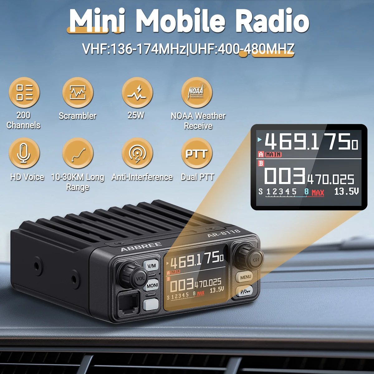 ABBREE AR-8118 Mini Mobile Radio 25W Dual Band Long Range VHF UHF 200CH Anti-Interference Dual PTT HD Vioce Car Radio
