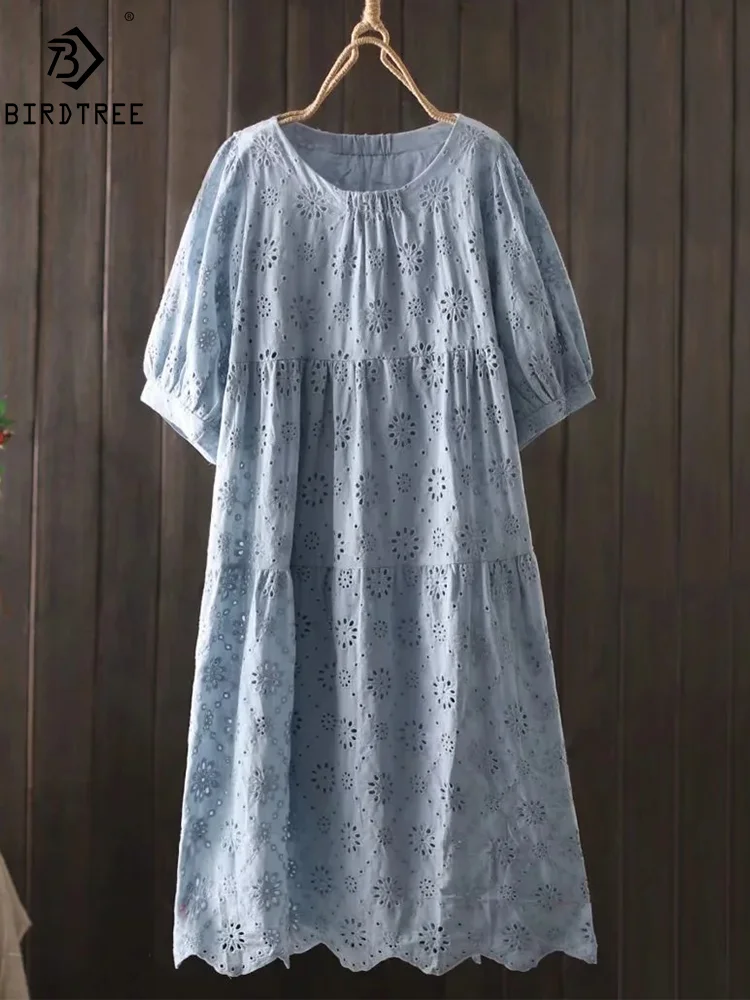 New Summer Cotton Short Sleeve Dresses, Woman Embroidery Hollow Out, Mori Girl Casual Vintage Loose Dress, 2024 Autumn D47865QM