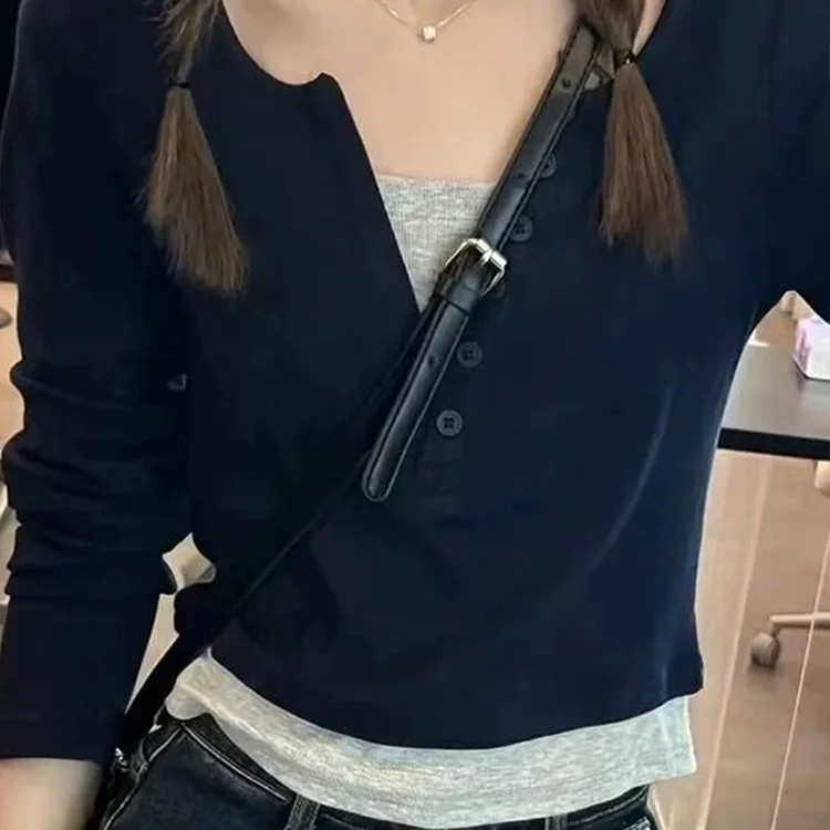 تي شيرت نسائي بأكمام طويلة من القطن بوهو بقصة ضيقة باللون الأزرق مرقع مريح من القماش المطاطي للخريف ملابس يومية للمكتب