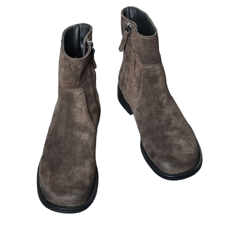 

Withered Minimalist Casual Round Toe Side Zipper Genuine Leather Ankle Boots Women Slip On Flat Chelsea Short Boots Ladies