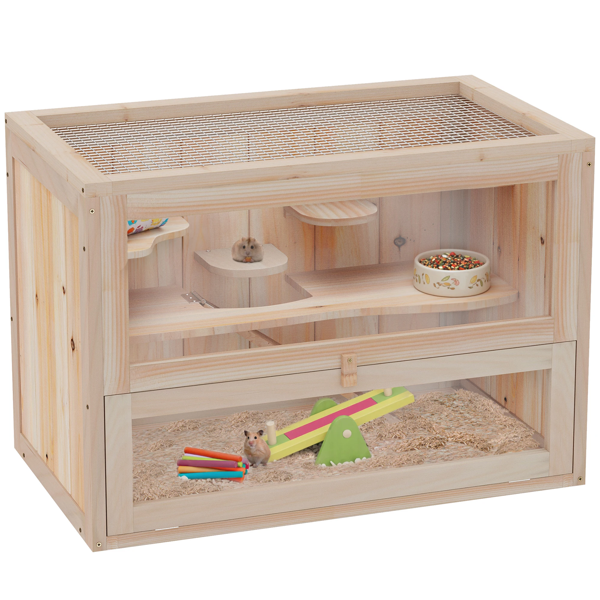 PawHut Houten Hamsterkooi 2 Niveaus Platformen 60x35x42 cm Natuurlijk