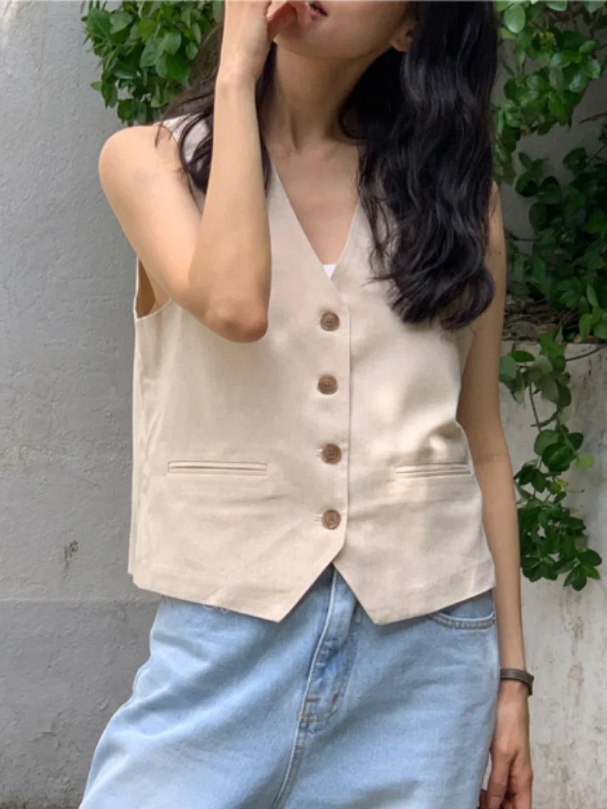 Alien Kitty All Match Minimalist Vest Coats Slim Women Cotton Linen 2025 Vintage Solid Chic Summer High Street Daily Mujer New
