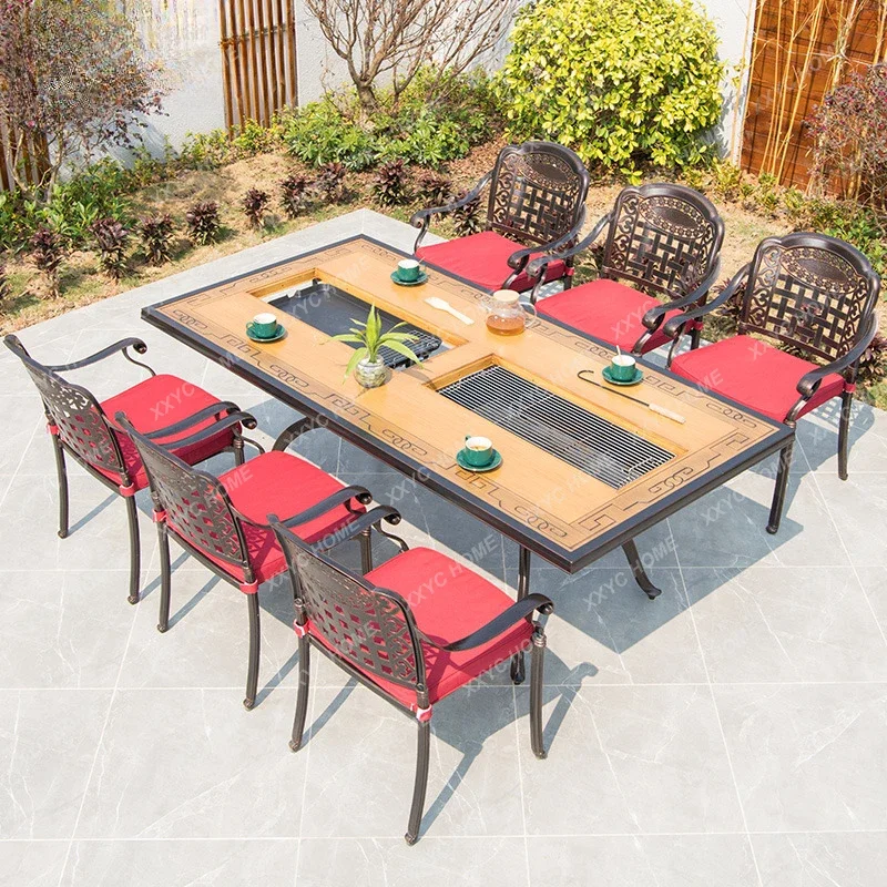 

Outdoor Desk-Chair Courtyard Balcony Cast Aluminum Table and Chair Outdoor Garden Marble Tile Barbecue Table and Chair