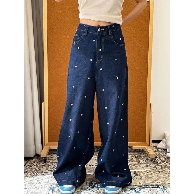 Women's Wide Leg Flower Embroidery Pattern Jeans Vintage Streetwear Cool Girl High Waist Baggy Pant Female Casual Denim Trousers