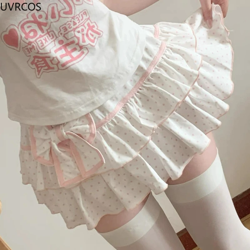 Kawaii Lolita Style Cake Mini Skirts Japanese Women Sweet Polka Dot Print Bow Pleated Skirts A-Line Y2k Short Skirt Faldas Mujer