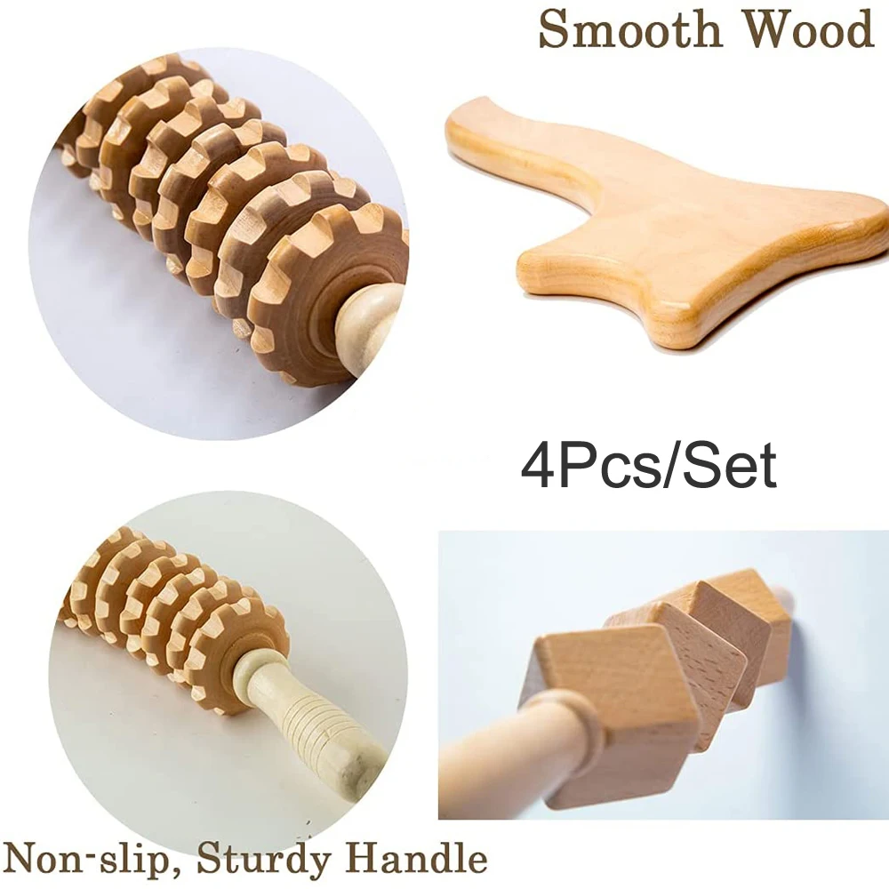 4-in-1 Wood Therapy Massage Tools Wooden Massager Body Sculpting Tool Maderoterapia Kit Wood Therapy Tool for Muscle Pain Relief