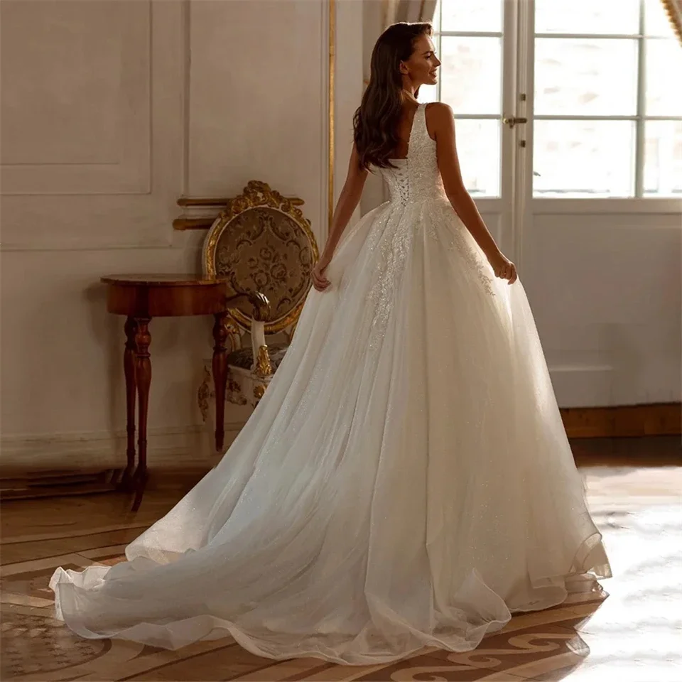 Flavinke Personalizzato Scollo A Barca Della Cinghia di Spaghetti Appliques Tulle Abiti Da Sposa Donne Sweep Treno Abiti Da Sposa abiti da sposa