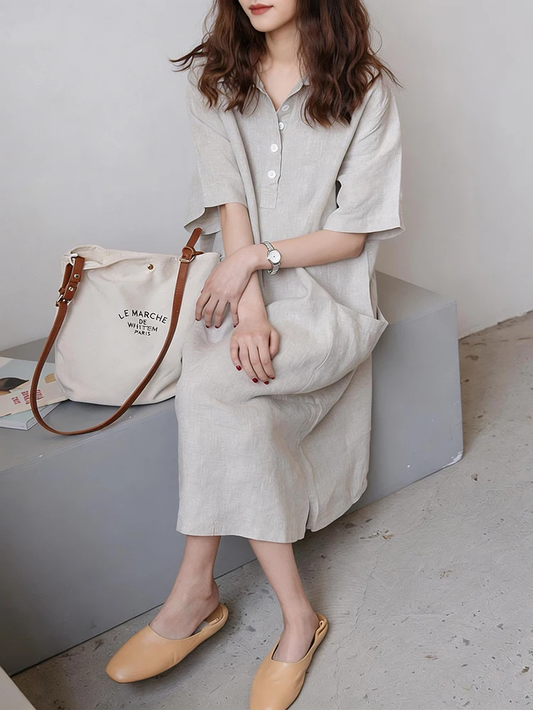 Ladies' Cotton Linen Shirt Dress Short Sleeve Loose Fit Casual Midi Skirt Breathable Comfortable Summer Fashion Princess Style