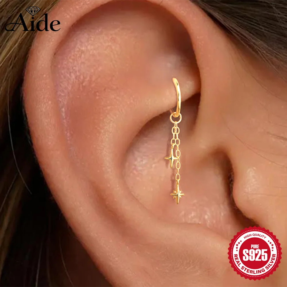 AIDE Pendiente de Plata de Ley 925 con Borla de Cadena y Estrella Clásica de Ocho Puntas para Mujer, con Parte Trasera Plana, Exquisito Aro para Hueso de Oreja